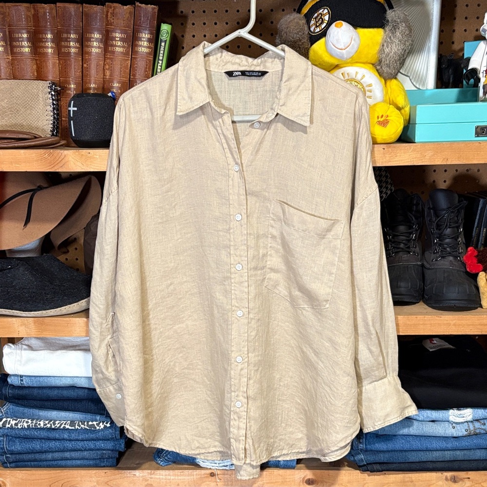 Zara Light Tan Linen Button-Down Shirt